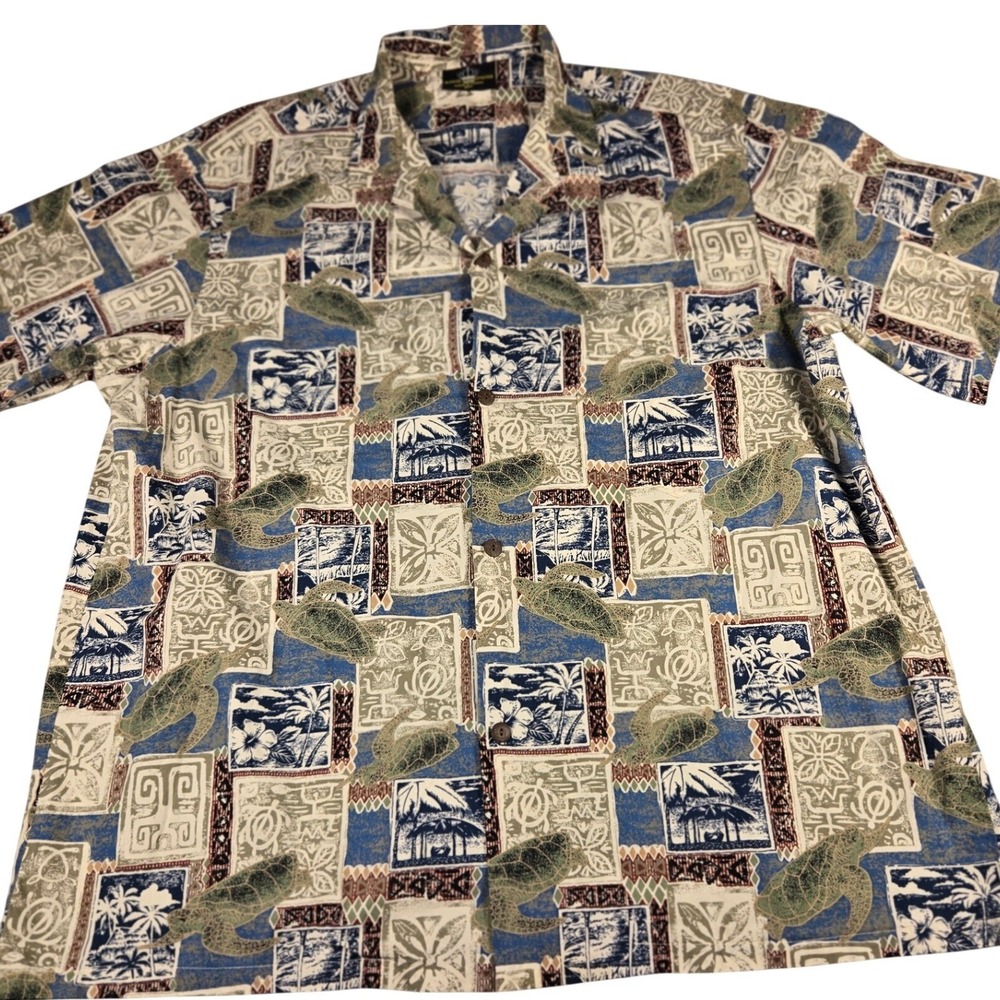 Royal Creations Mens 2XL Hawaiian Shirt Sea Turtle Palm Patchwork Cotton Blue